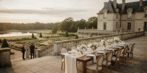 An elegant private estate garden arranged for an intimate wedding gathering