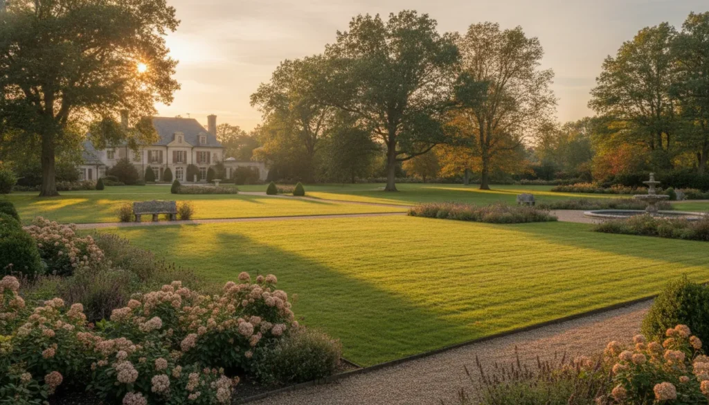 Elegant private estate grounds near Dedham Massachusetts at golden hour