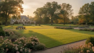Elegant private estate grounds near Dedham Massachusetts at golden hour