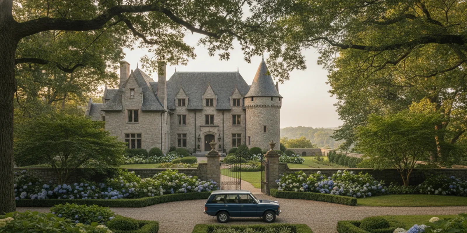 French chateau-inspired estate set among mature trees, with a welcoming approach and grounds